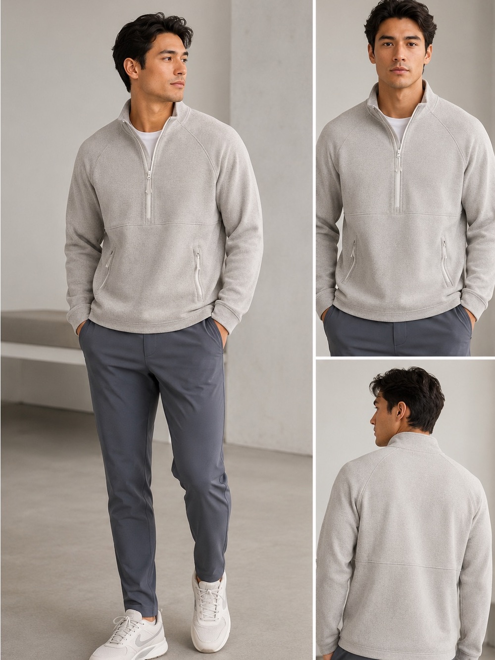 Half-Zip Pullover Sweater Knit Light Gray Grey Cream shirt sweatshirt pockets